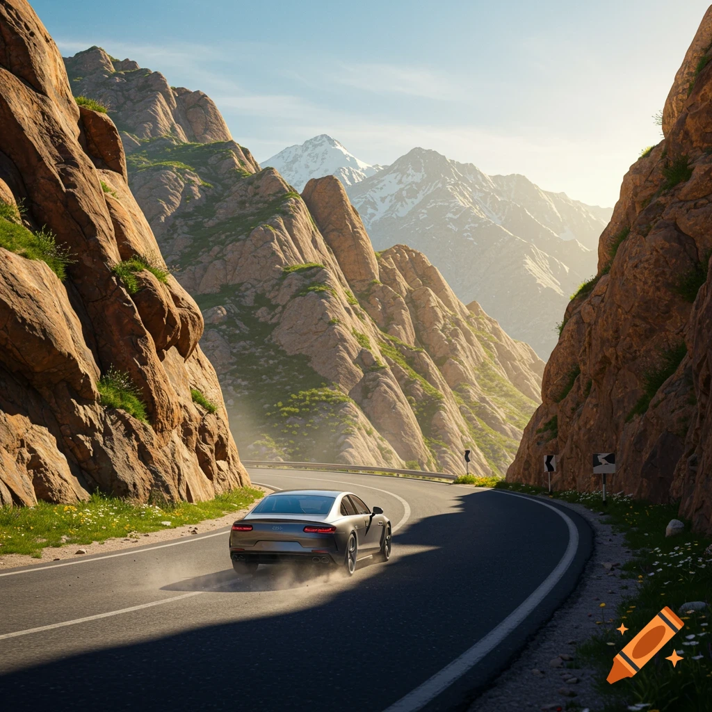A silver luxury car drives on a winding mountain road with rocky peaks and snow-capped mountains in the background.