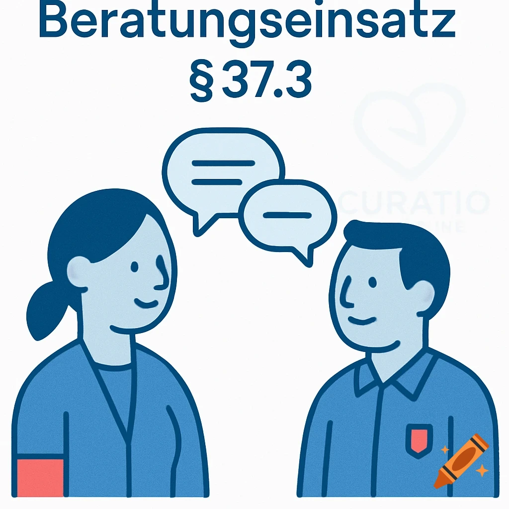 Stylized illustration of two people conversing, with speech bubbles, and the German text 'Beratungseinsatz §37.3' above.