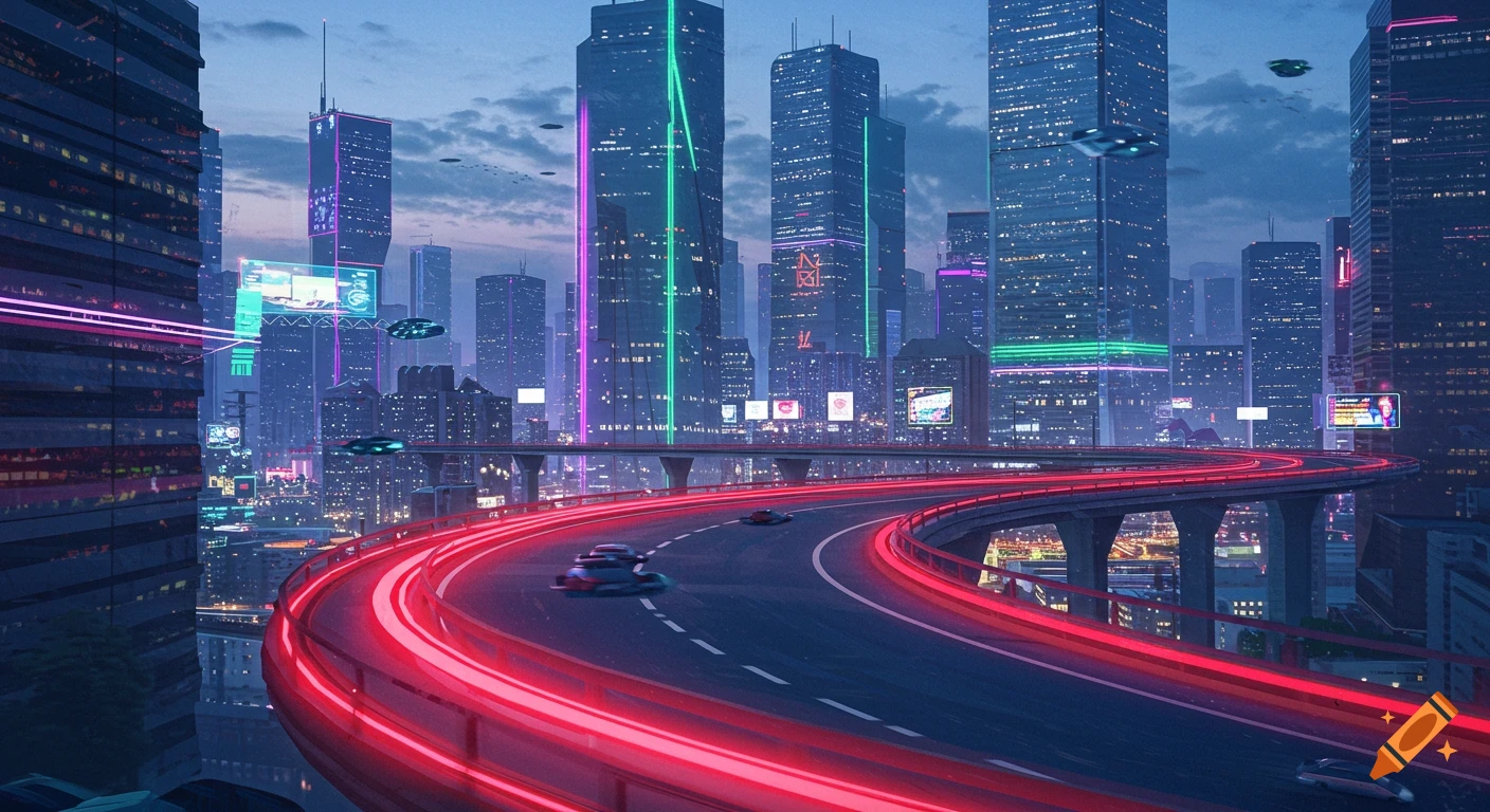 A vibrant futuristic city skyline at dusk, with a curving highway featuring glowing red edges and flying cars, set against tall neon-lit buildings.