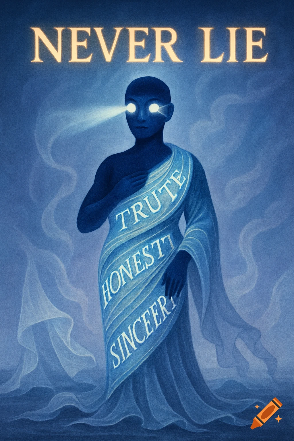 An ethereal blue figure with glowing eyes stands amidst wisps of smoke, draped in fabric with the words 'TRUTE', 'HONESTT', 'SINCEER1'. Above, 'NEVER LIE' glows.