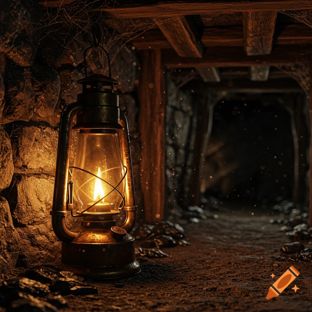 A rustic, lit miner's oil lamp illuminates a dark, dusty tunnel entrance with rough rock walls and wooden beams.