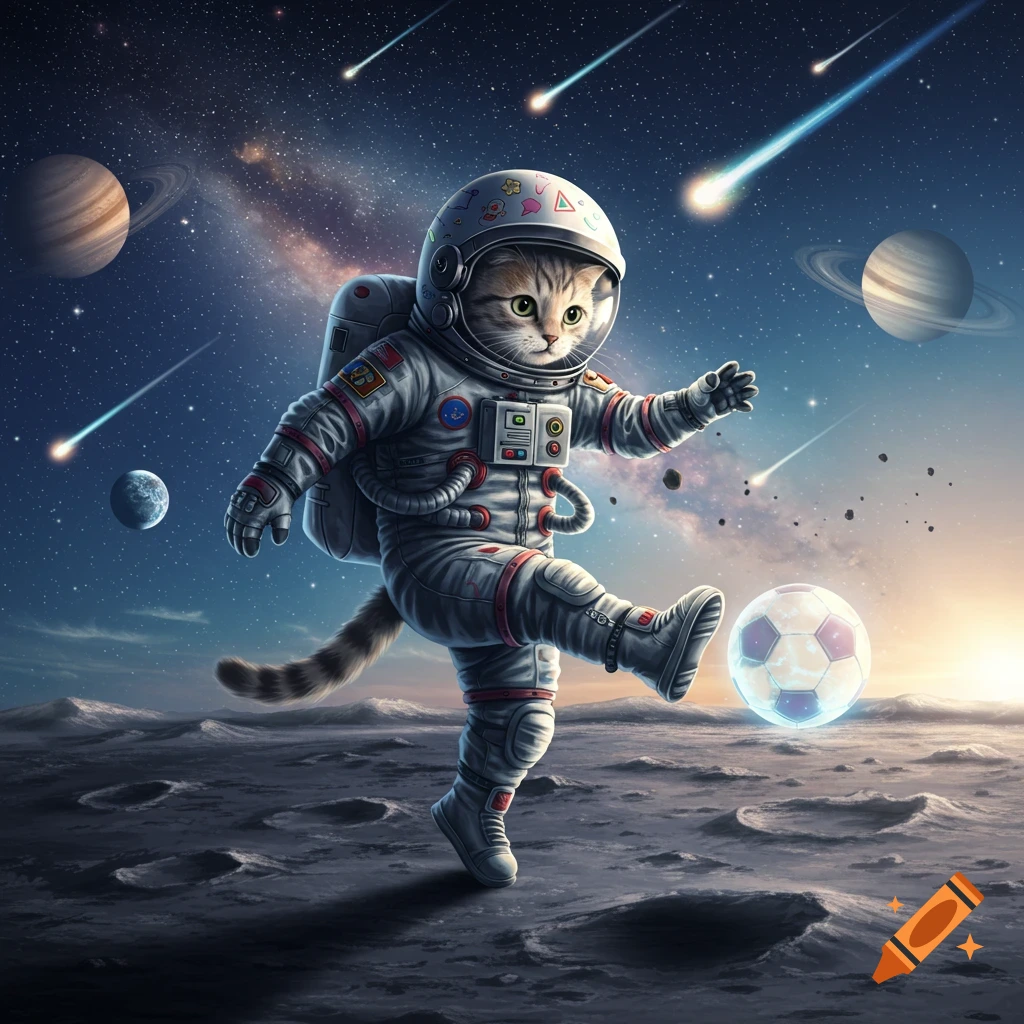 A cute cat in an astronaut suit plays soccer on a cratered moon surface, with planets and meteors in the starry sky.