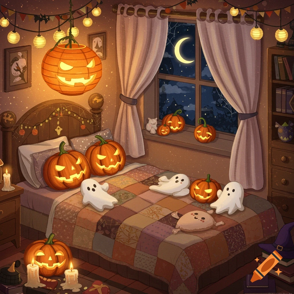 A cozy Halloween bedroom at night, with glowing jack-o'-lanterns, candles, ghosts, and a crescent moon outside the window.