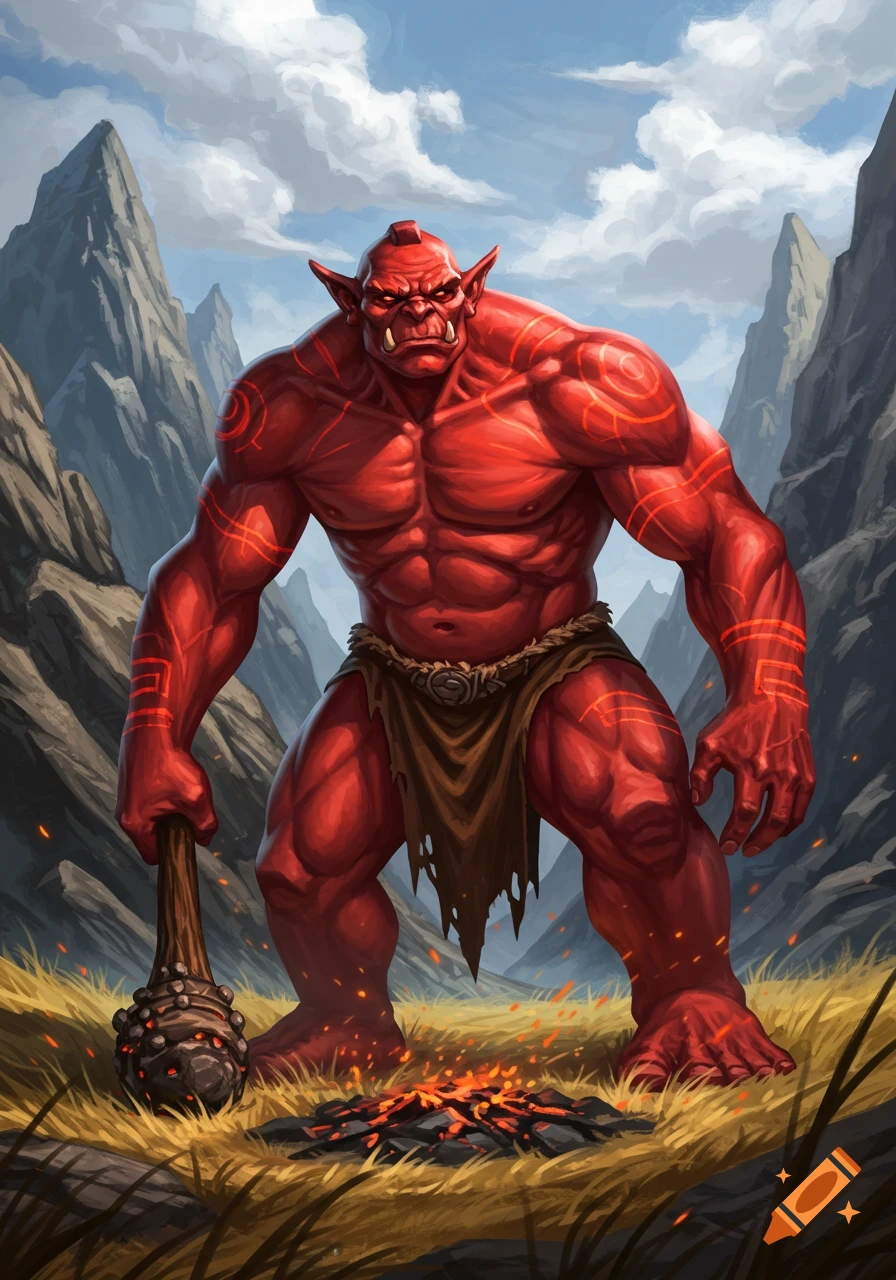 A muscular red troll with glowing tribal markings stands in a mountain valley, holding a spiked club, with embers at its feet. Fantasy art style.