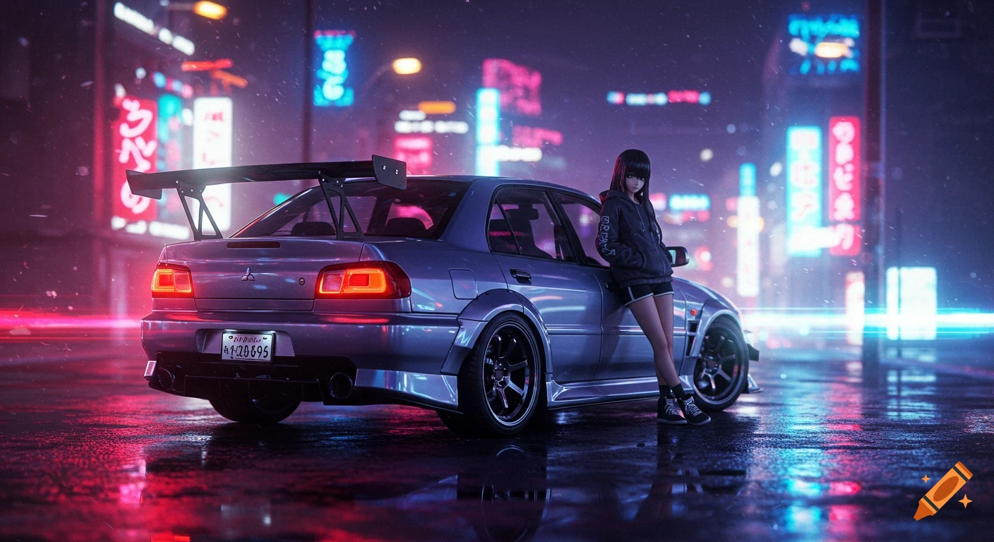 Anime girl leans on a silver Mitsubishi Lancer with a spoiler on a wet, neon-lit Tokyo street at night, cyberpunk style.