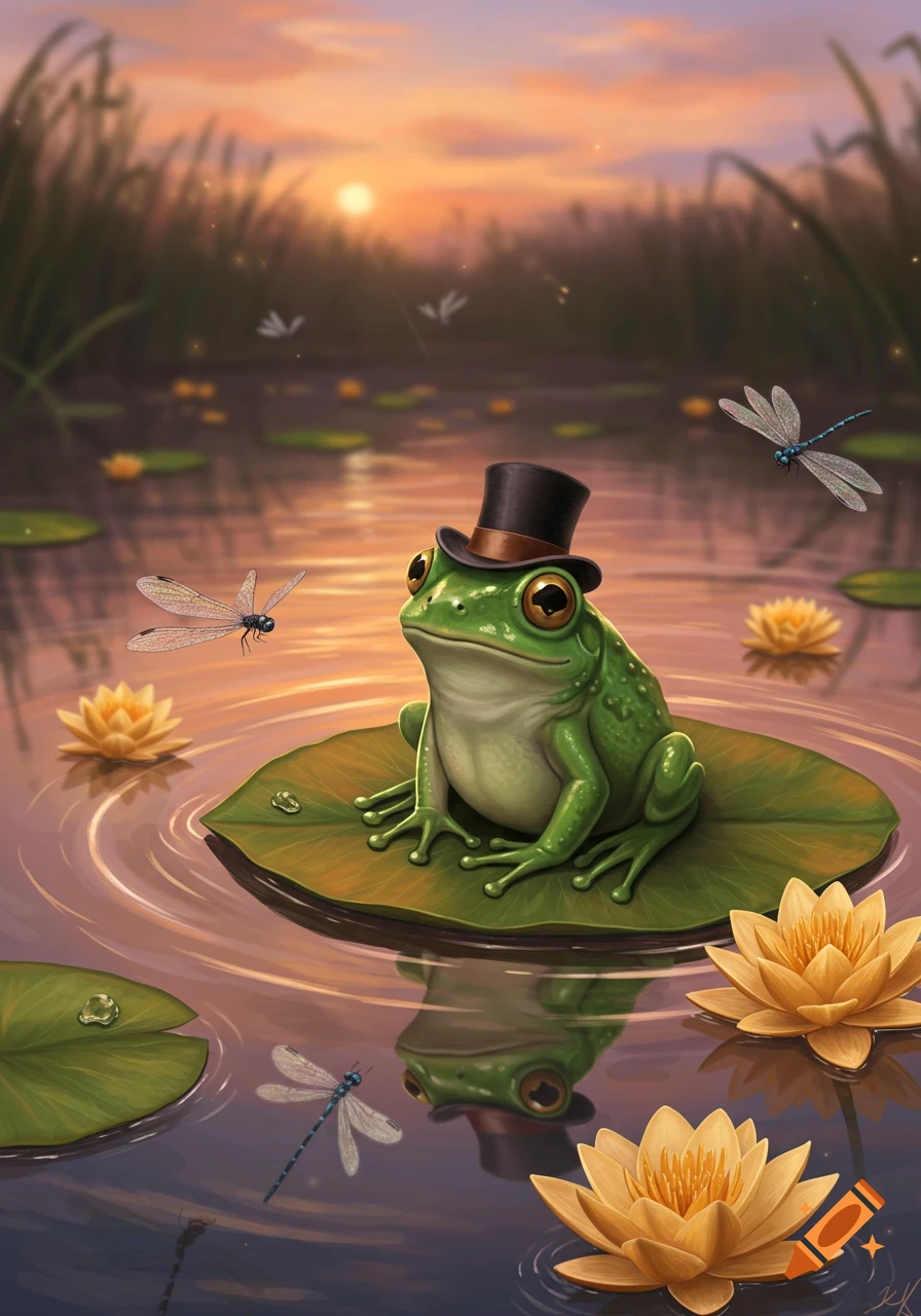 A whimsical illustration of a green frog wearing a black top hat, sitting on a lily pad in a pond at sunset, surrounded by yellow water lilies and dragonflies.