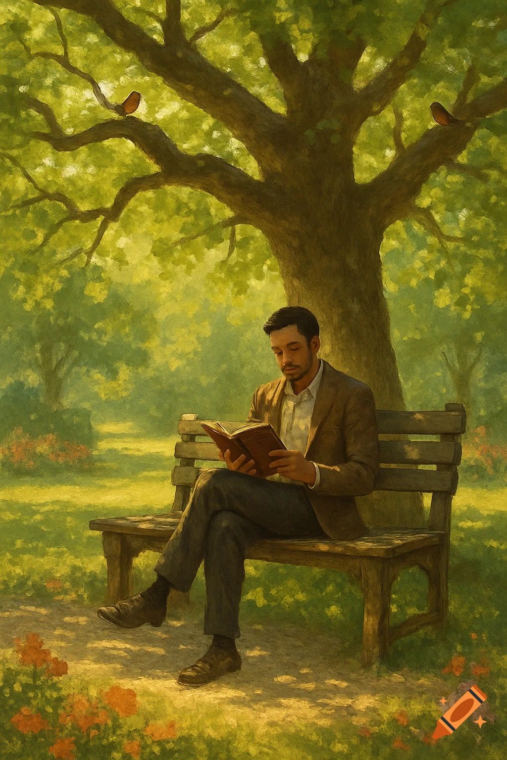A painterly image of a man sitting on a wooden bench in a sunny park, reading a book under a large tree.