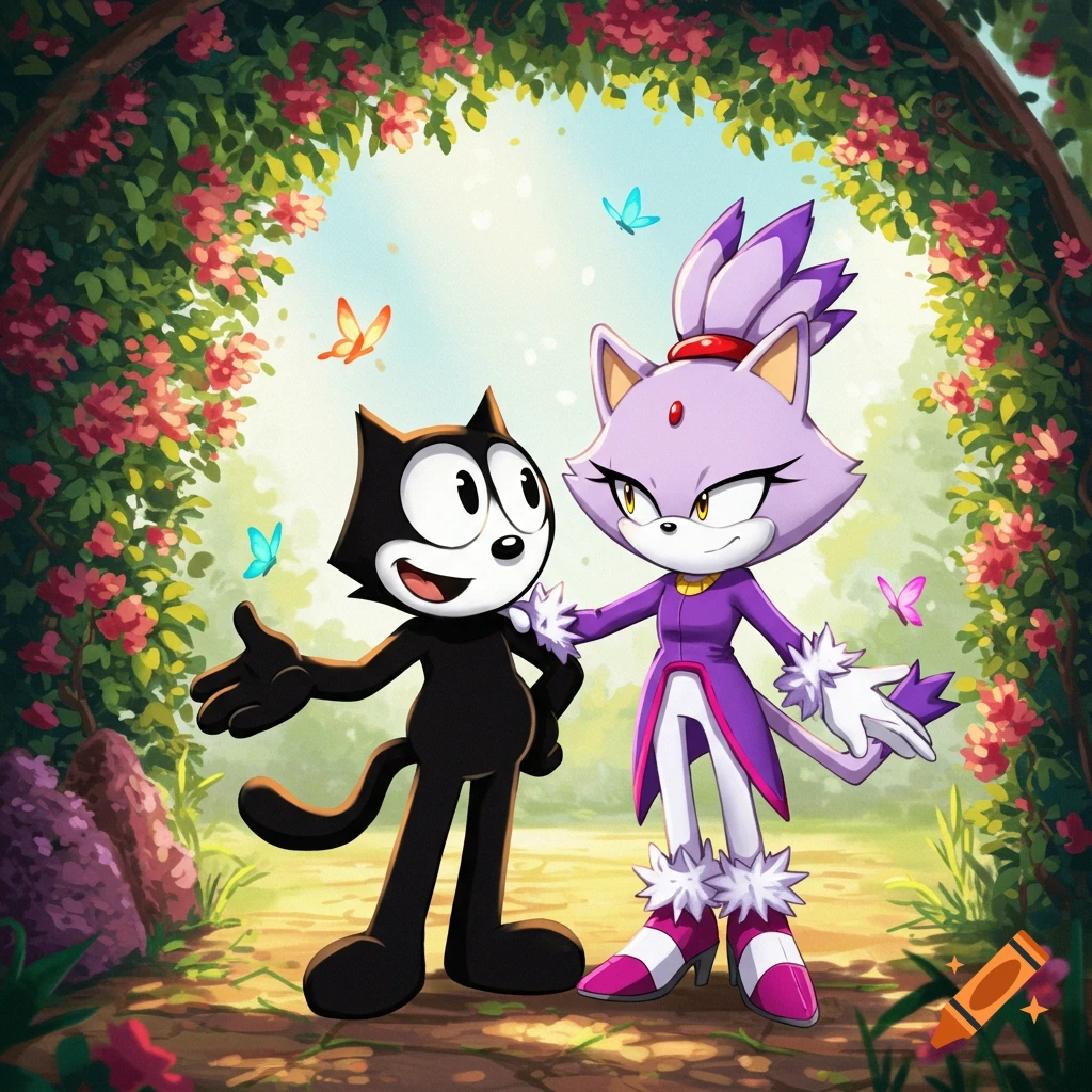 Felix the Cat and Blaze the Cat stand together under a beautiful flowery archway with butterflies, in a vibrant cartoon illustration style.