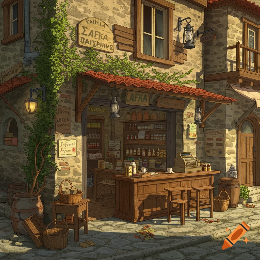 An illustration of a charming, old-world shop with a red-tiled awning, stone walls, and baskets on a cobblestone street.