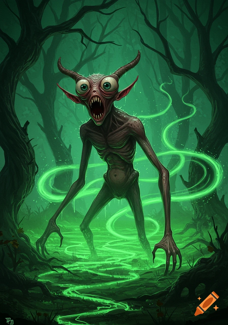 A gaunt, horned monster with huge eyes and sharp teeth stands in a glowing green swampy forest.