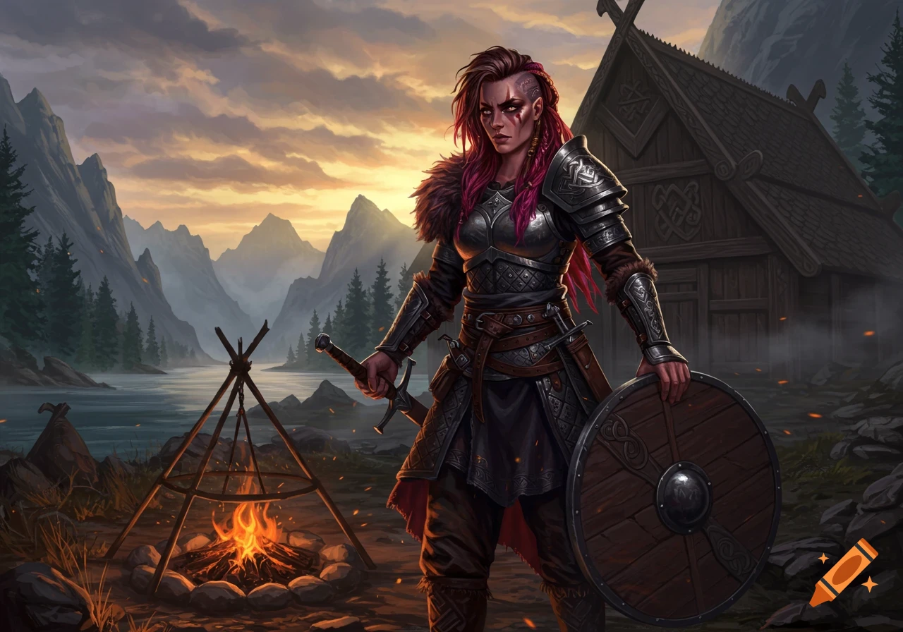 Digital painting of a fierce female Viking warrior in dark armor with pink hair, holding a sword and shield, by a campfire and lake at sunset.