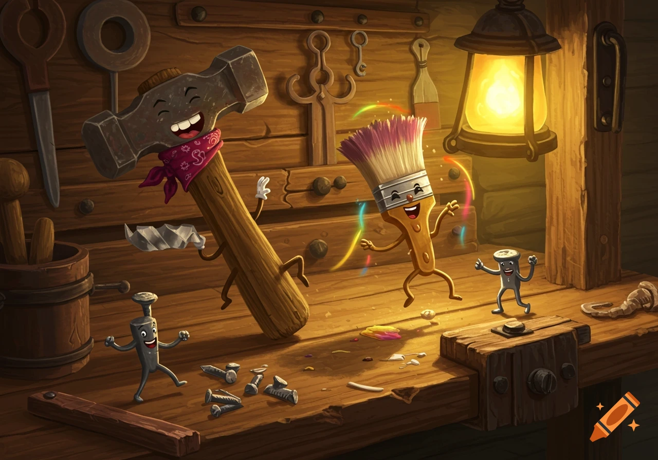 A cheerful anthropomorphic hammer, paintbrush, and nail dancing in a warmly lit woodworking workshop.