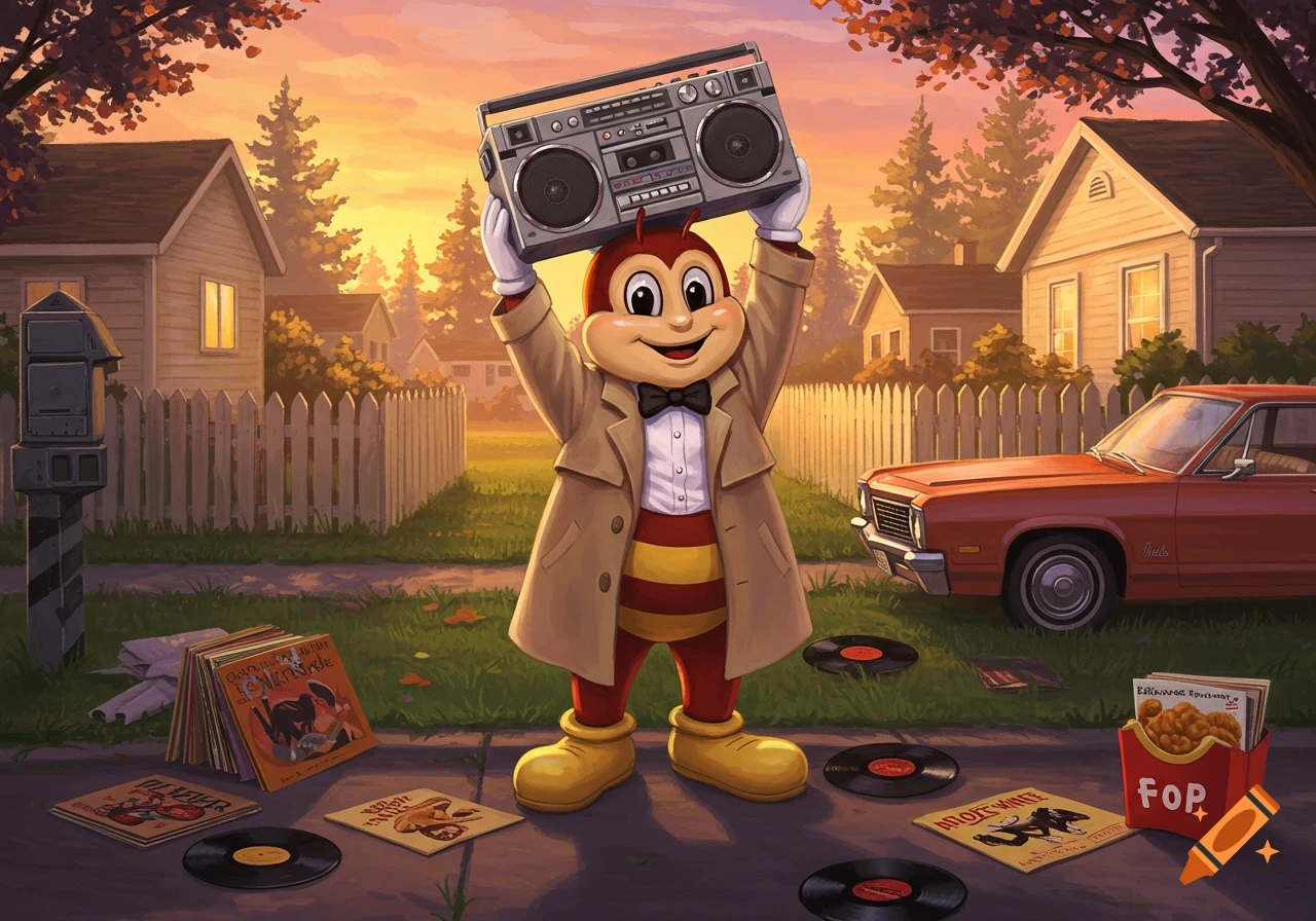 Jollibee dressed as Lloyd Dobler holds a boombox over his head in a suburban street scene with vinyl records and a classic car.