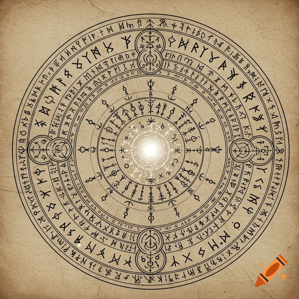 An intricate circular rune array on aged parchment paper, featuring various symbols and a glowing white center.