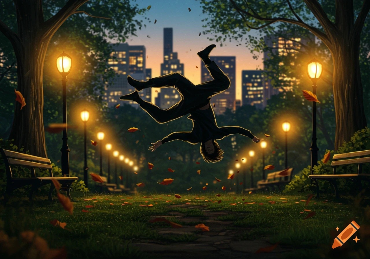 A person somersaults in a park with falling autumn leaves, illuminated street lamps, and a city skyline at dusk in a digital art style.