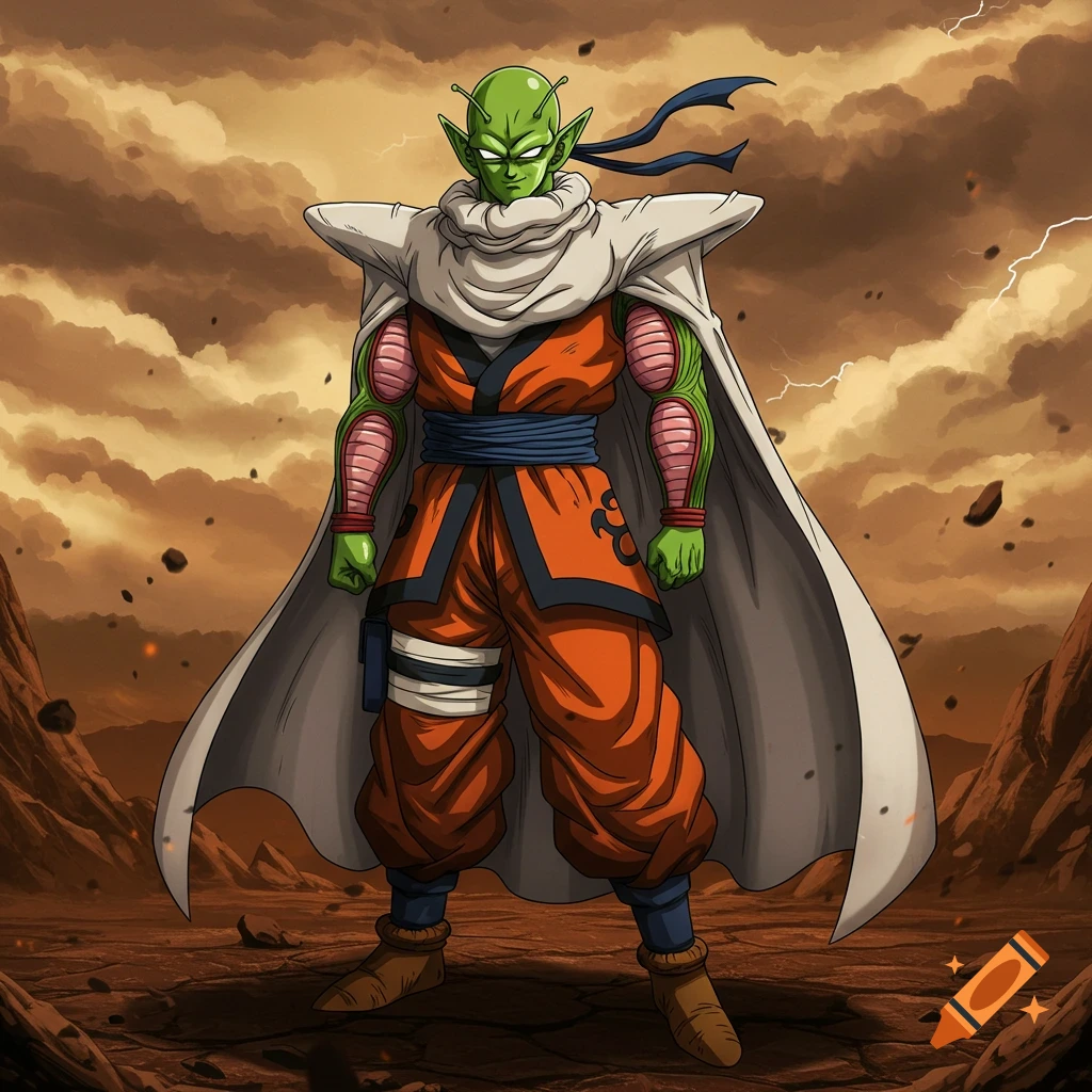 Piccolo from Dragon Ball Z dressed in an orange and blue Naruto-style outfit with a white cape, standing in a stormy, rocky landscape with lightning.