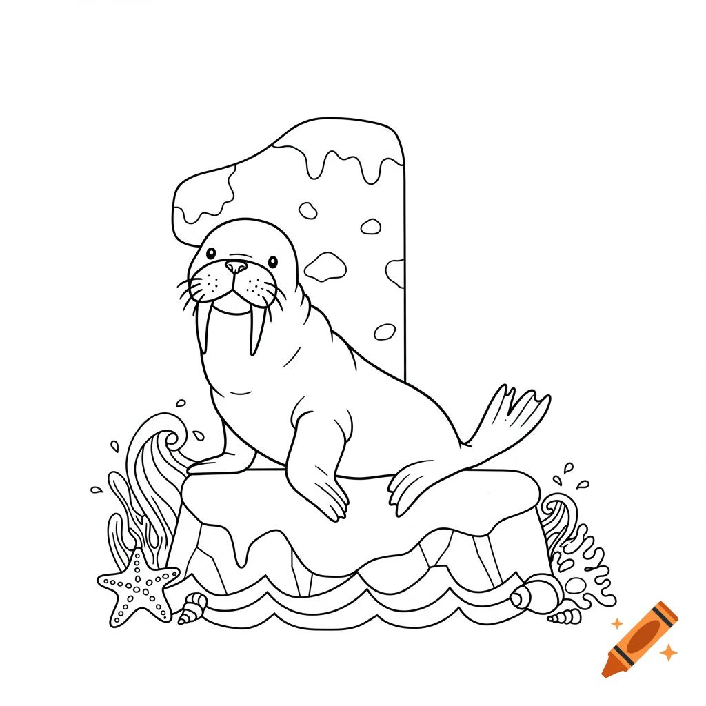 Line art coloring page of a cartoon walrus sitting on an iceberg next to a large number 1, with waves and a starfish.