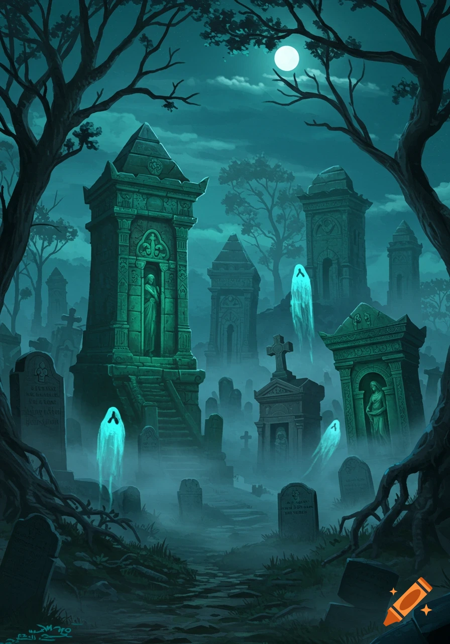 Spooky fantasy art of a moonlit necropolis with ancient mausoleums, tombstones, and glowing blue ghosts in a misty graveyard.