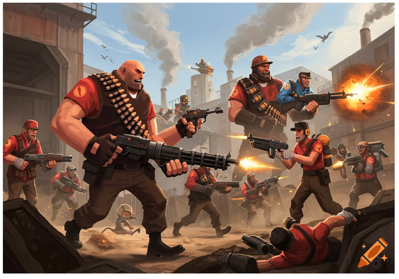 Cartoonish battle scene with Team Fortress 2 characters in an industrial setting, firing weapons amidst explosions.