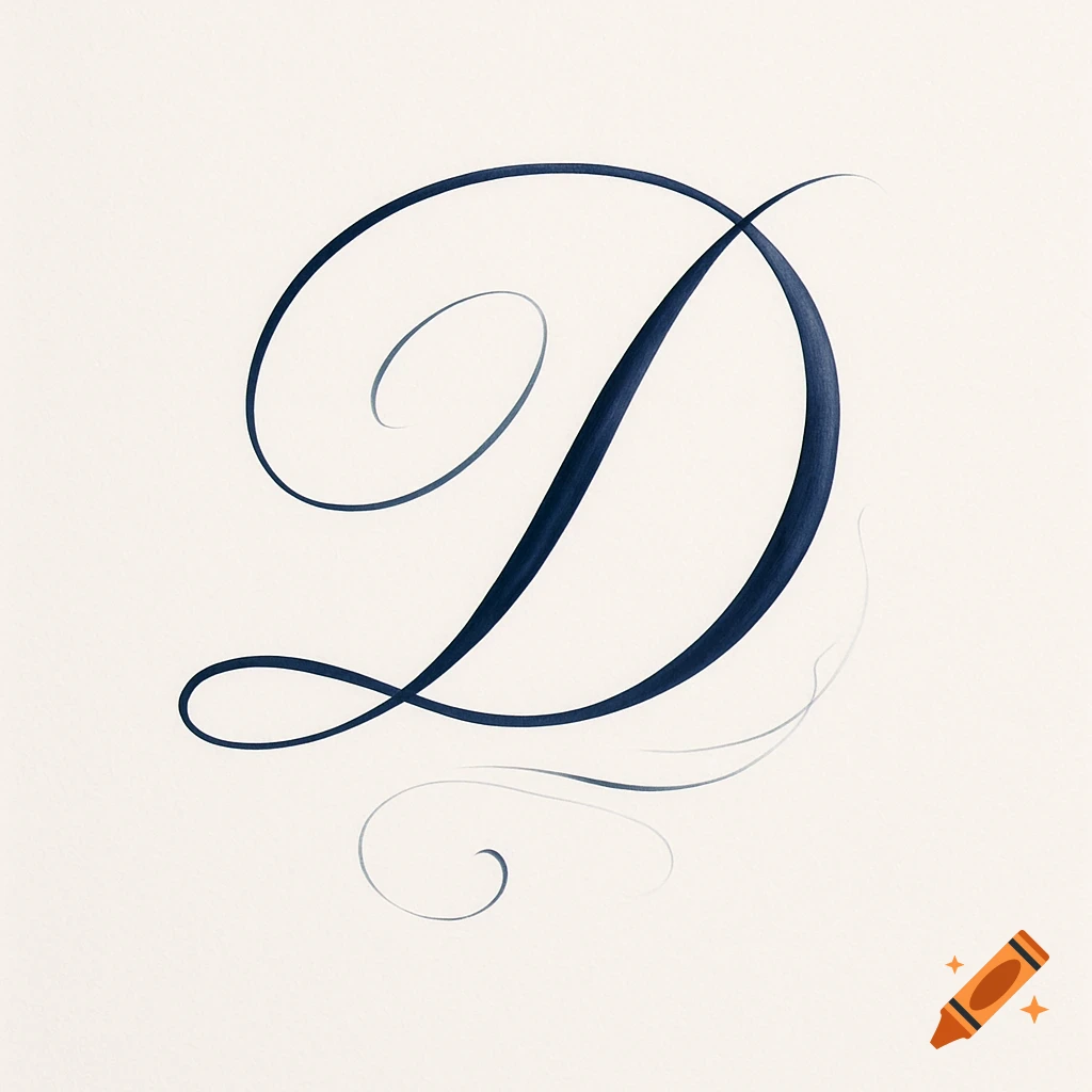 An elegant dark blue cursive letter D with a subtle shadow on a light cream background.