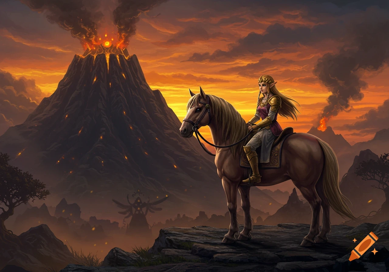 Princess Zelda on horseback on a cliff, facing an erupting volcano under an orange, smoke-filled sky. Fantasy digital art.