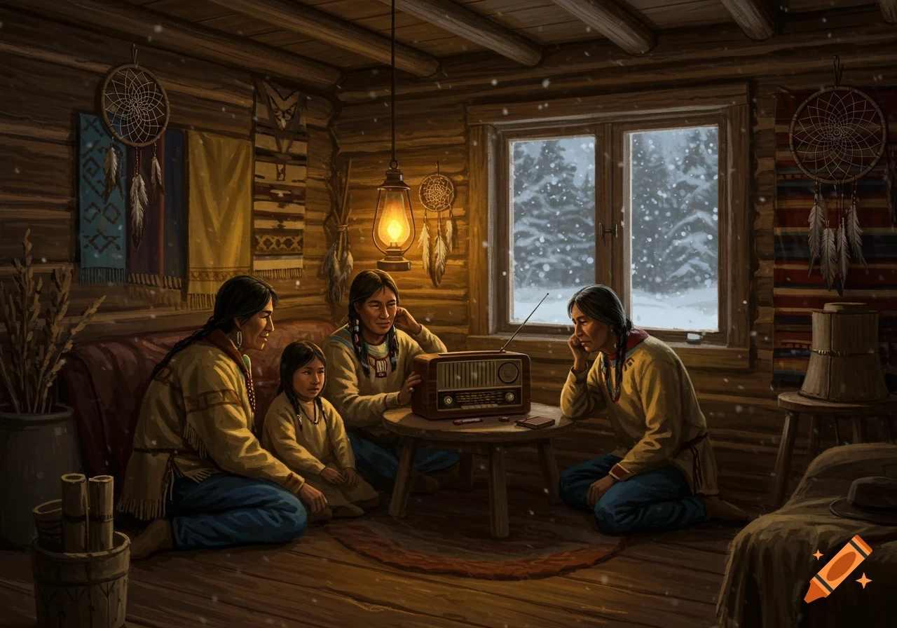 An indigenous family sits on the floor of a cozy log cabin, listening to an old radio as snow falls outside the window.