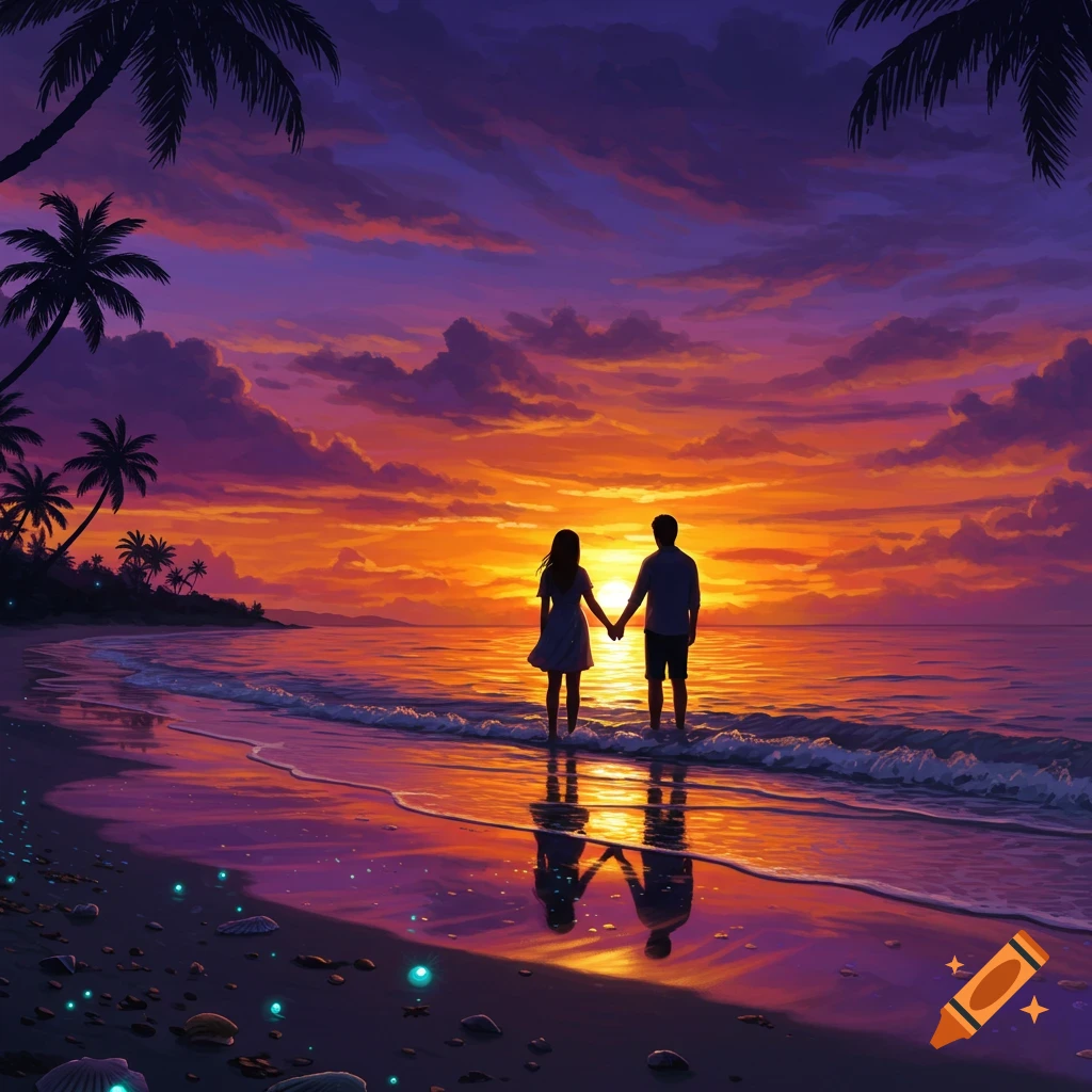 Digital painting of a couple holding hands on a beach at a vibrant purple and orange sunset with palm tree silhouettes.