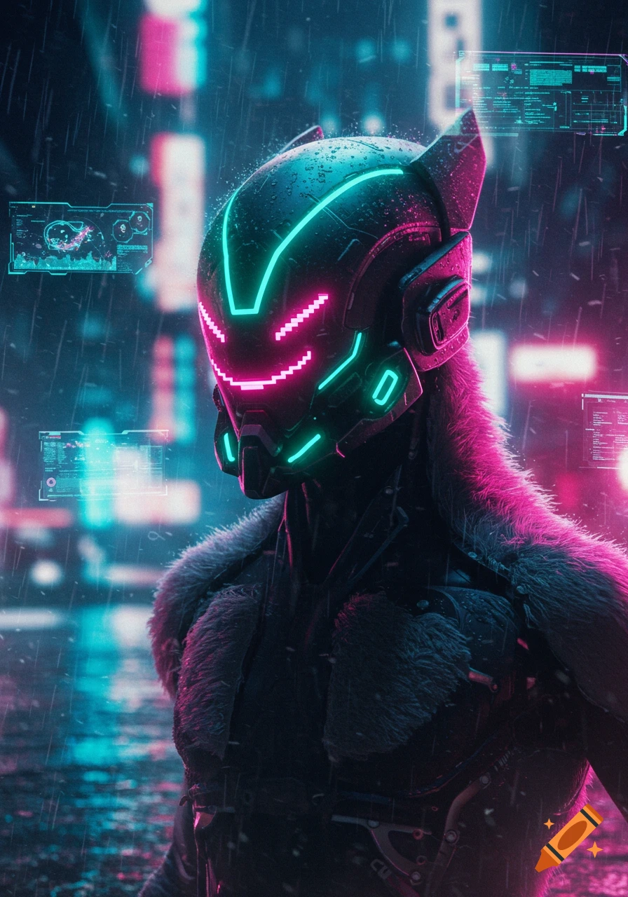 A close-up of a futuristic Protogen in a rainy, neon-lit cyberpunk city, with glowing turquoise and pink visor and details, and a furry collar.