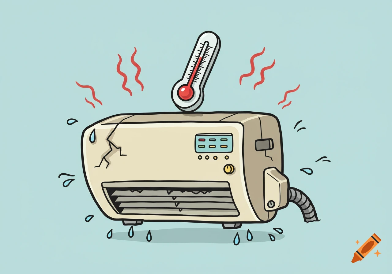 Cartoon illustration of a broken, overheating air conditioner with a thermometer on top and water dripping from it.