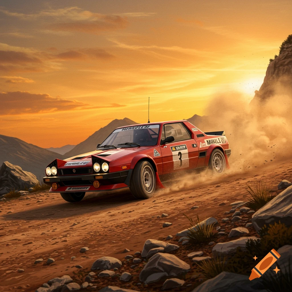 A red rally car kicks up dust on a dirt road, driving towards a vibrant orange sunset over mountains.