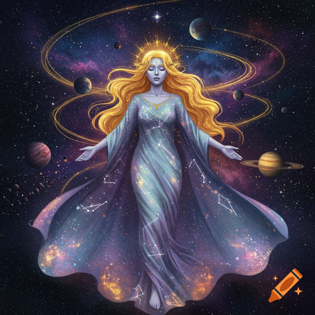 A luminous celestial goddess with golden hair and a star-studded gown floats in deep space, surrounded by planets and nebulae.