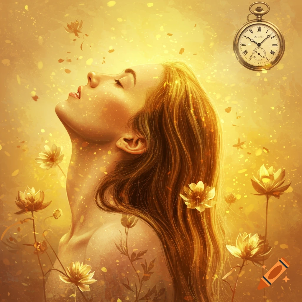 Stylized golden portrait of a woman with long hair, head tilted back, surrounded by sparkling flowers and a pocket watch.