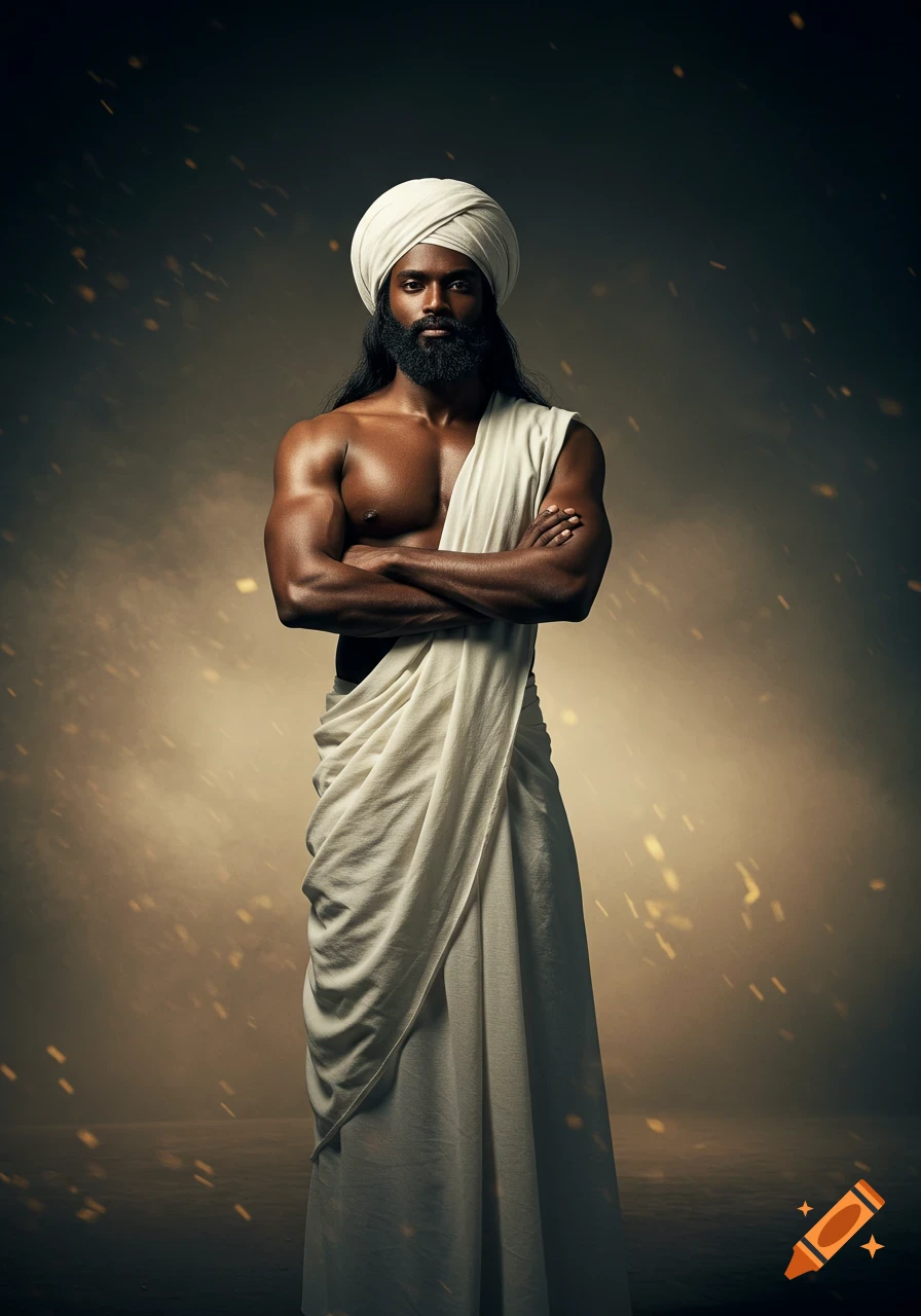 Photorealistic portrait of a dark-skinned man with long hair, beard, and white turban and robe, standing proudly with crossed arms.