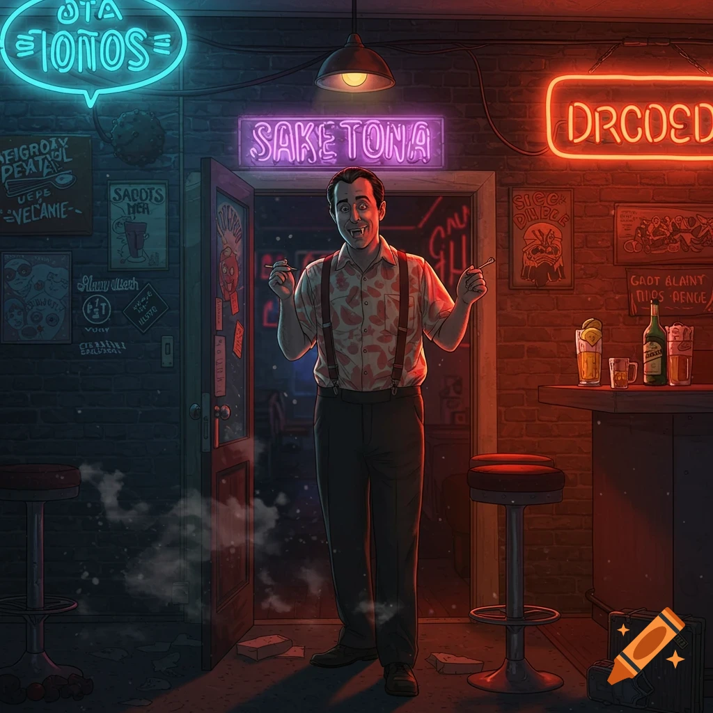 A stylized illustration of a man with fangs, reminiscent of Jackie Daytona, standing in the doorway of a dimly lit bar with neon signs.