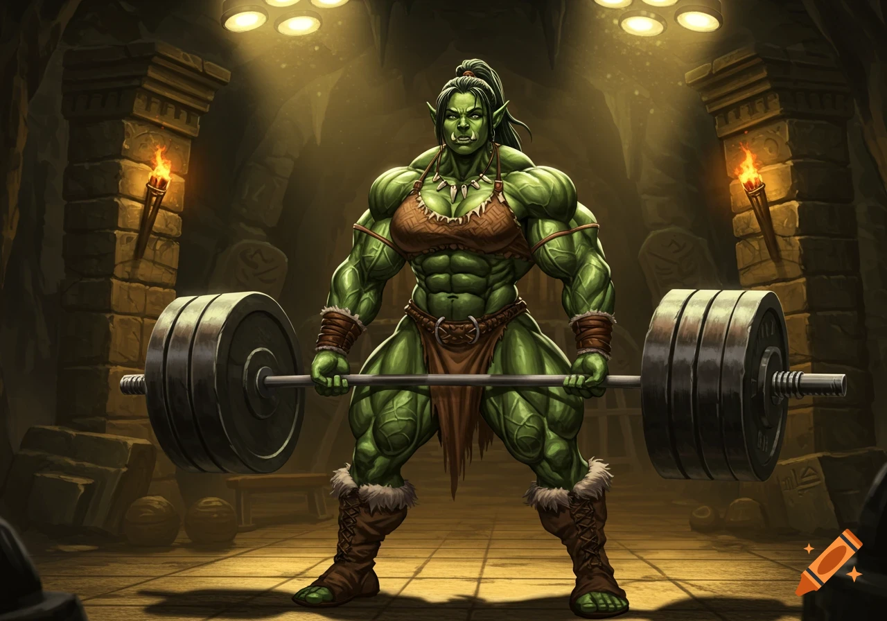 A muscular female orc bodybuilder in tribal attire lifting a barbell in a torch-lit dungeon.