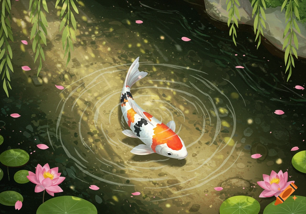 An illustrated koi fish, orange, white, and black, swims in a sunlit pond with pink water lilies, green lily pads, and willow leaves.