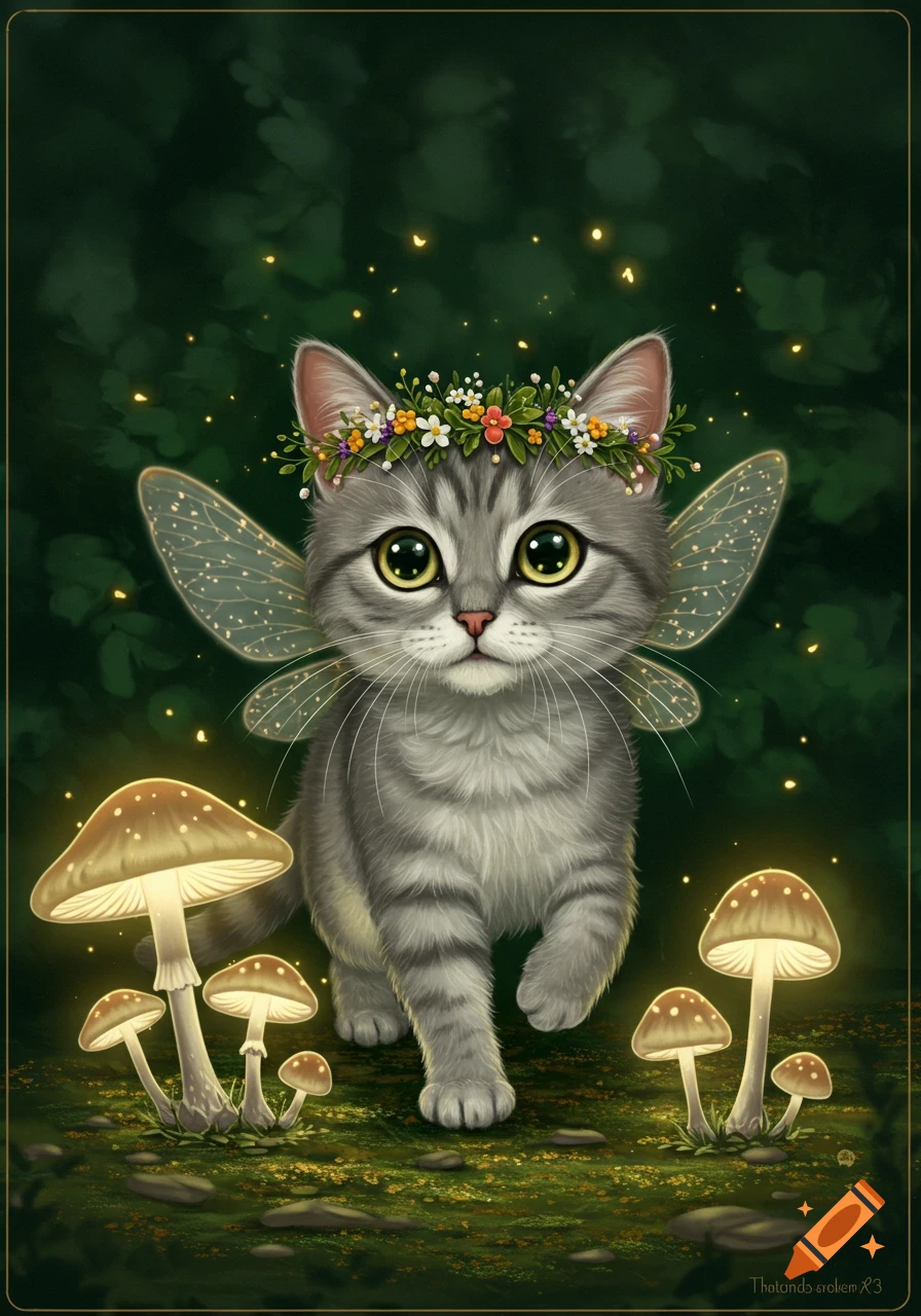A whimsical gray tabby kitten with fairy wings and a flower crown walks through a glowing mushroom circle in a dark forest.