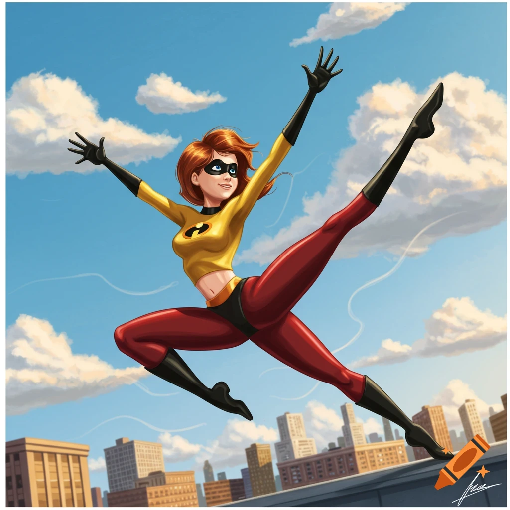 A red-haired superhero woman in a yellow crop top and red leggings flies over a city skyline against a blue sky, arms and legs extended. Cartoon style.