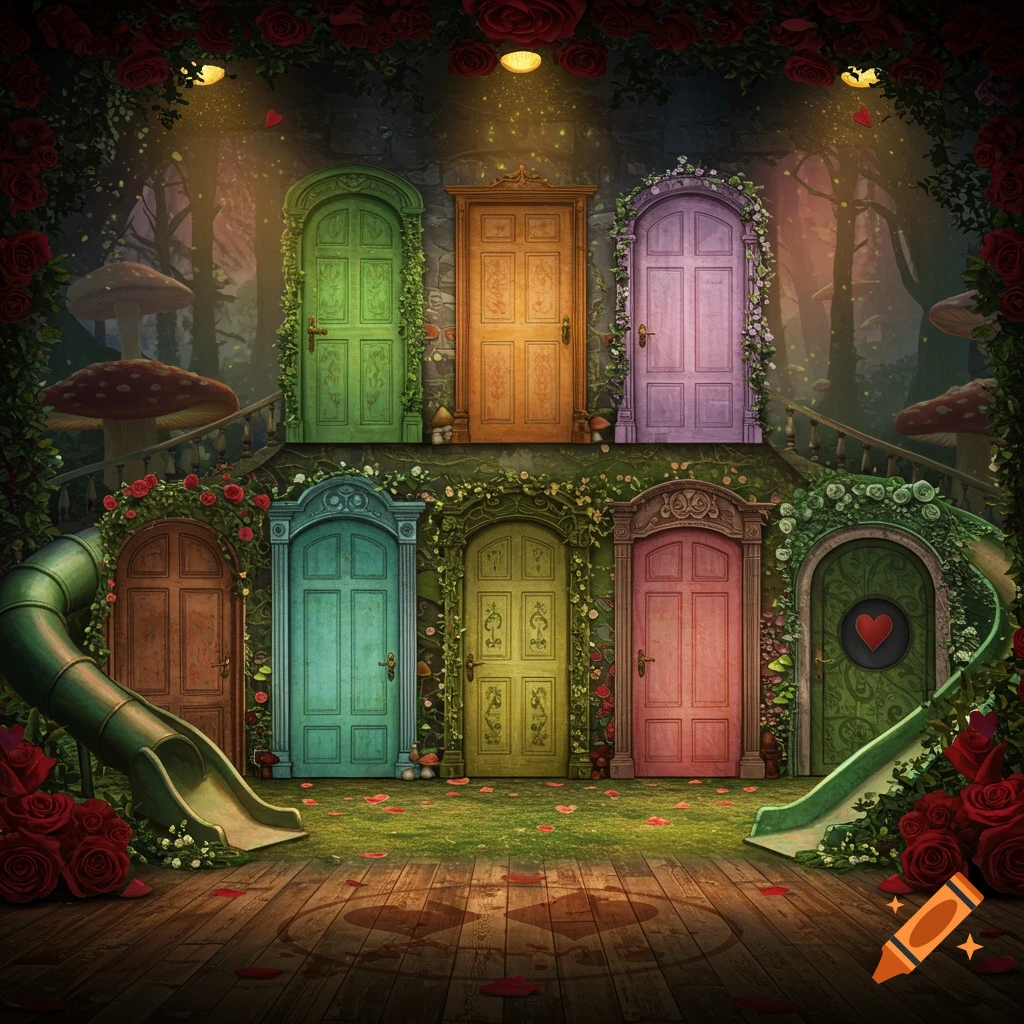 A whimsical forest scene with colorful doors, winding stairs, slides, mushrooms, and red roses, reminiscent of Wonderland.