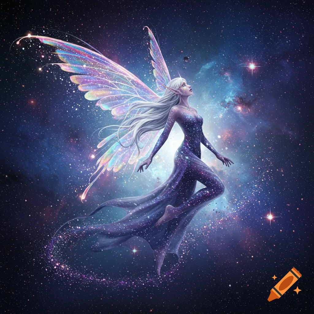 A luminous fairy with iridescent wings floats in a starry galaxy, trailing sparkling dust.