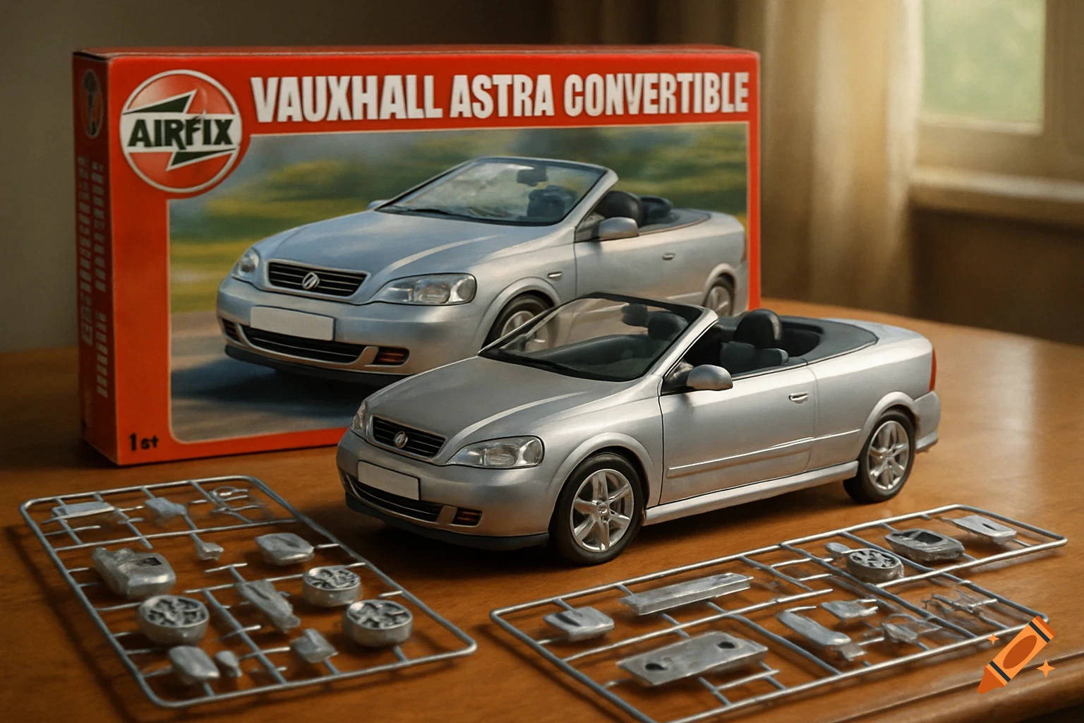 Silver model Vauxhall Astra convertible and its red Airfix kit box with unbuilt parts on a wooden table.