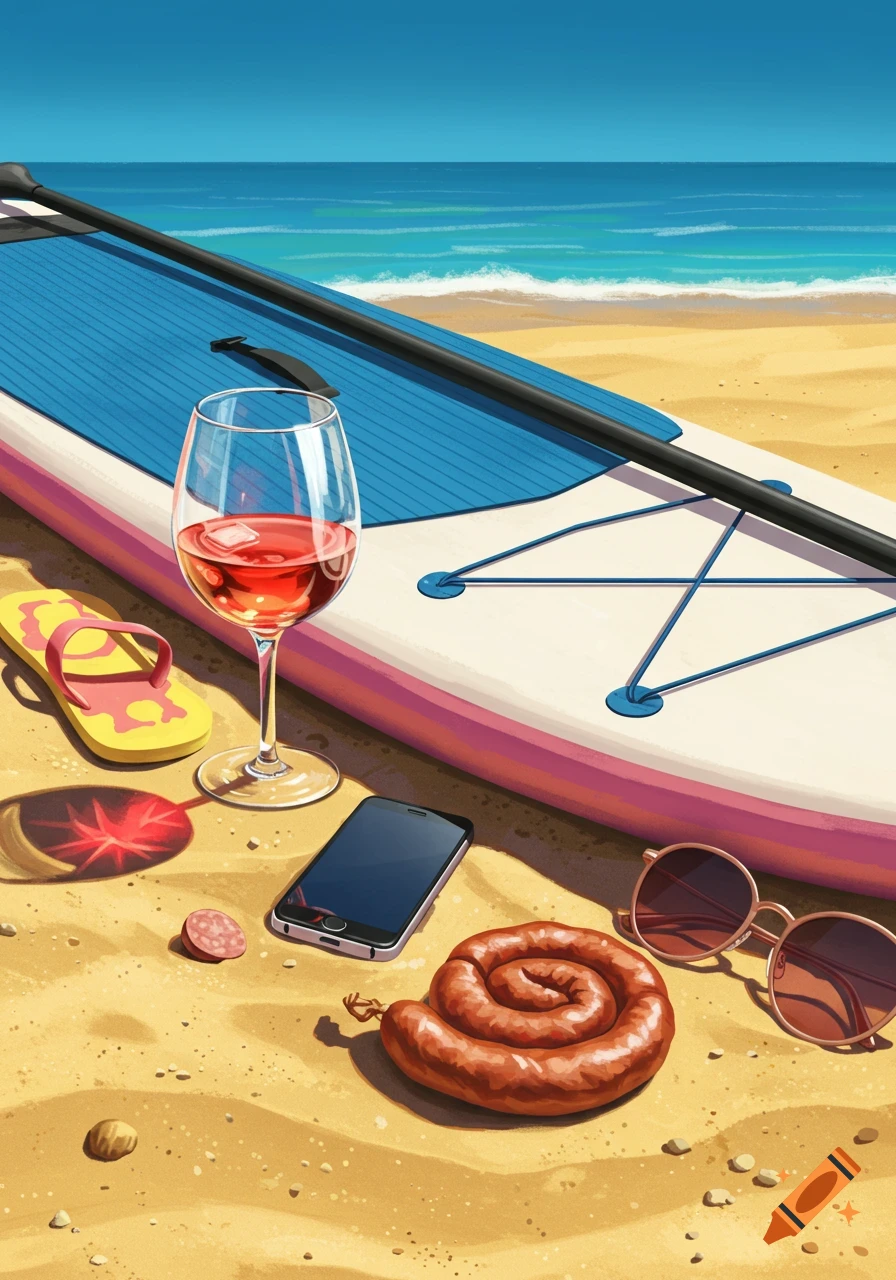 Stylized illustration of a paddleboard, rosé wine, phone, flip-flops, sausage, and sunglasses on a sandy beach.
