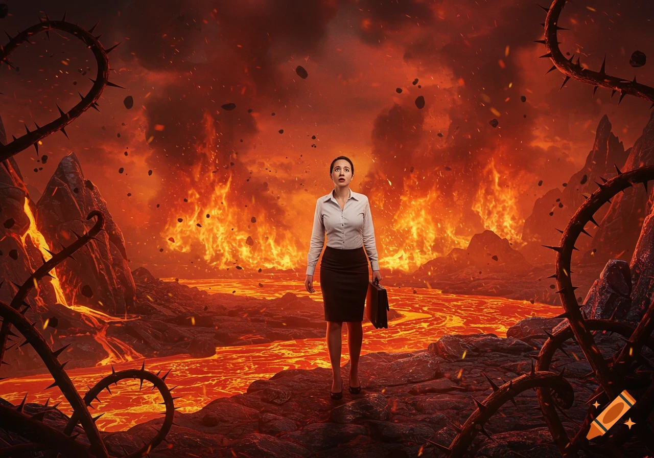 An office woman stands shocked in a fiery, hellish landscape with lava rivers and thorny vines.