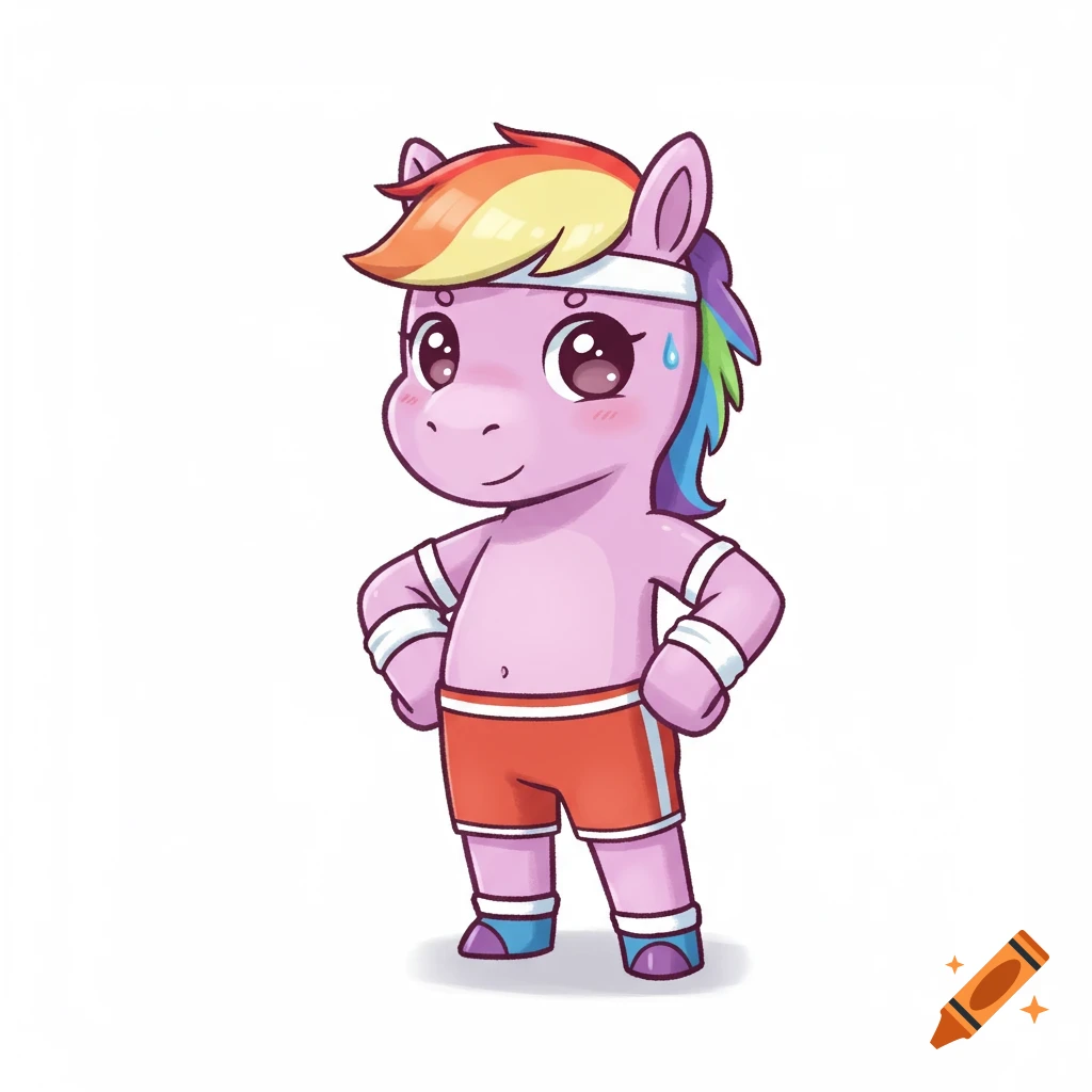 A cute athletic pink cartoon unicorn with a rainbow mane, wearing white sweatbands and red shorts, smiling on a white background.