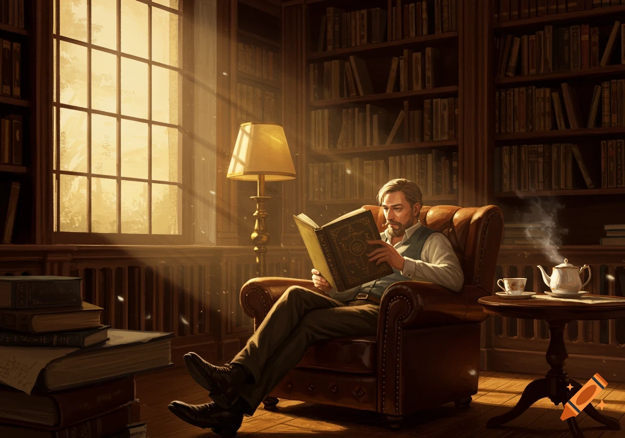 A man with a beard sits in a leather armchair reading a large book in a warm, sunlit library.