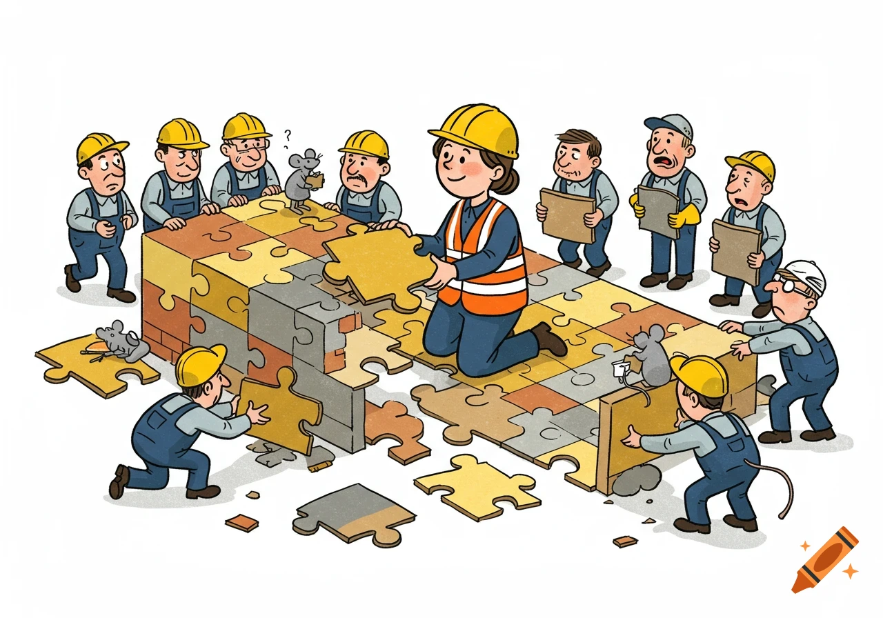 A humorous cartoon of male builders struggling with a puzzle building while a female foreman calmly places a piece. Two mice observe.