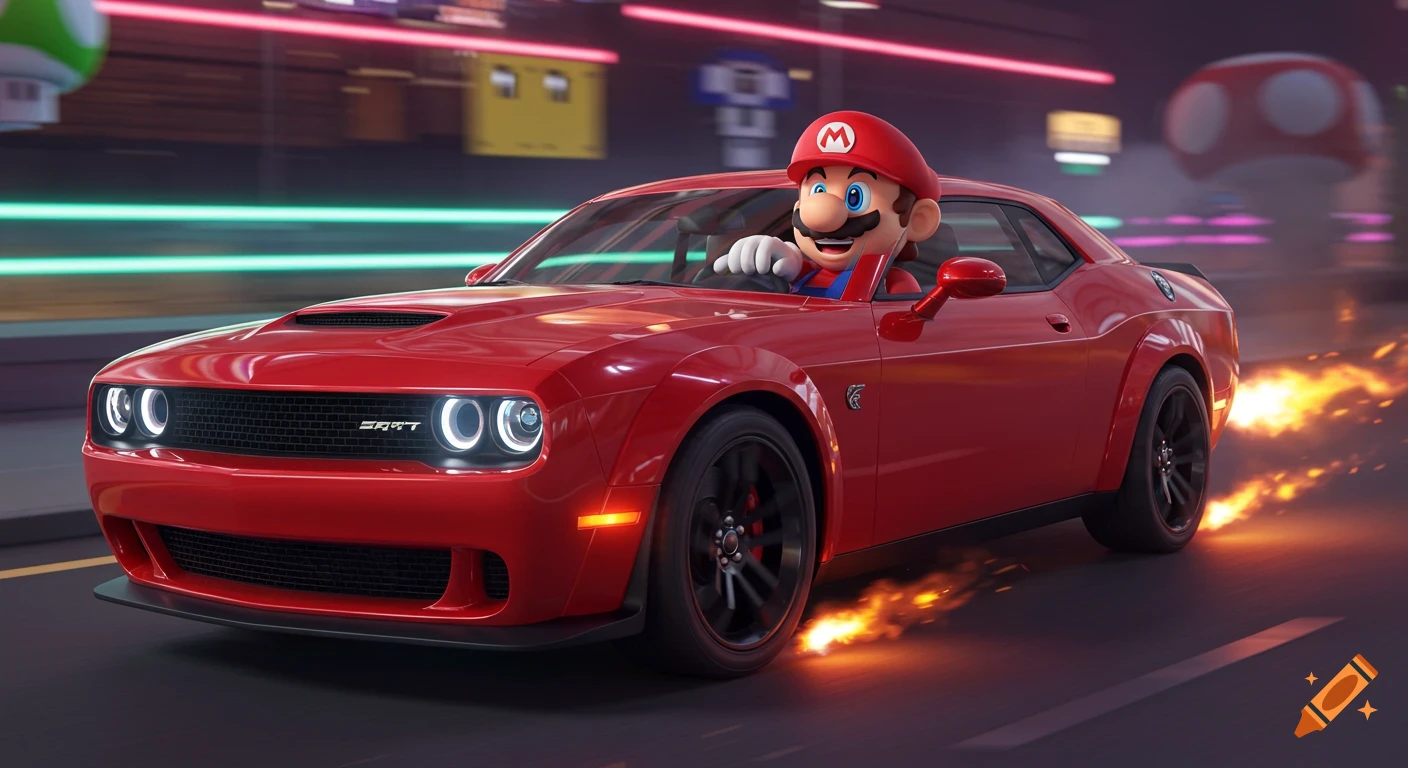 Mario drives a red Dodge Challenger with flames coming from the wheels, on a city street with neon lights.