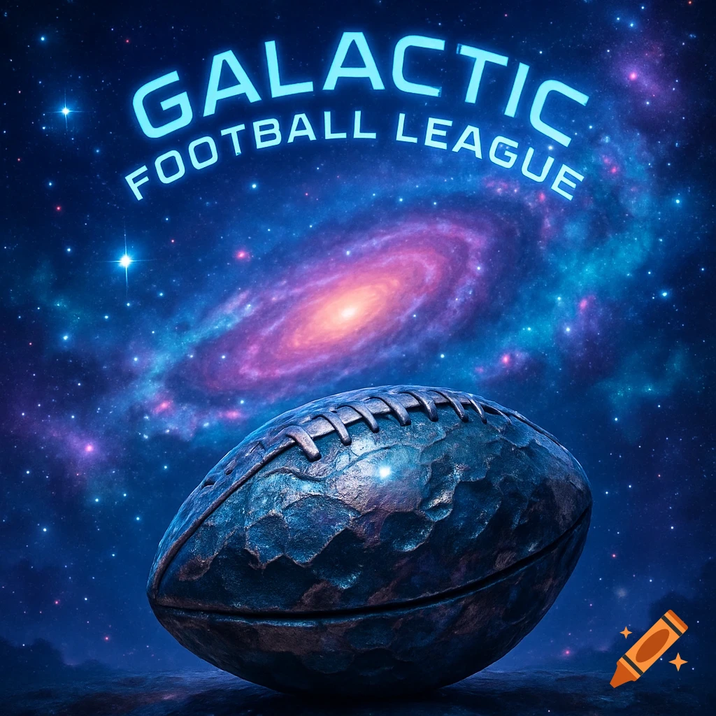 A metallic, textured football rests on a rocky surface with a vibrant galaxy and stars in the background, featuring the glowing text 'GALACTIC FOOTBALL LEAGUE'.