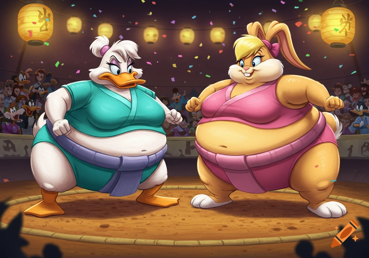 Cartoon of fat Daisy Duck and Lola Bunny sumo wrestling in a ring with lanterns and an audience.