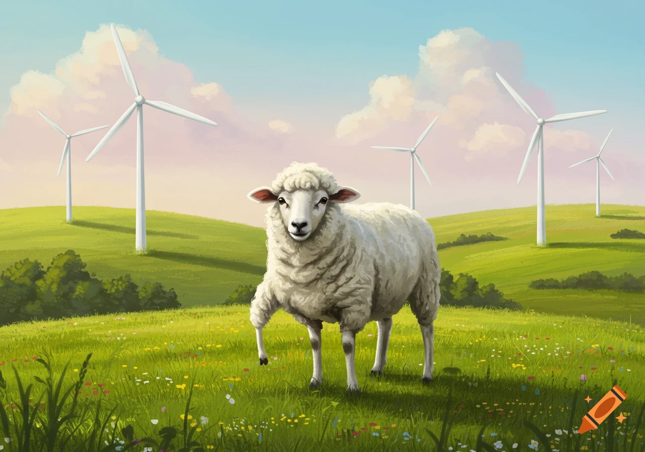 A fluffy white sheep stands in a vibrant green meadow filled with wildflowers. Several white wind turbines dot the rolling hills in the background under a blue sky with soft clouds. The art style is illustrative and painterly.